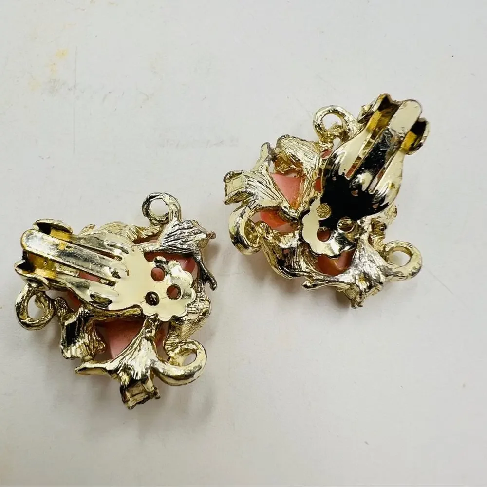 Vintage MCM Pink Moonglow Heart Clip On Earrings Thermoset Lucite AB Rhinestone